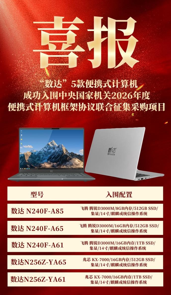 企业动态｜再创佳绩！“数达”便携式推算机入选中央国度机关2026年度结合征集采购项目